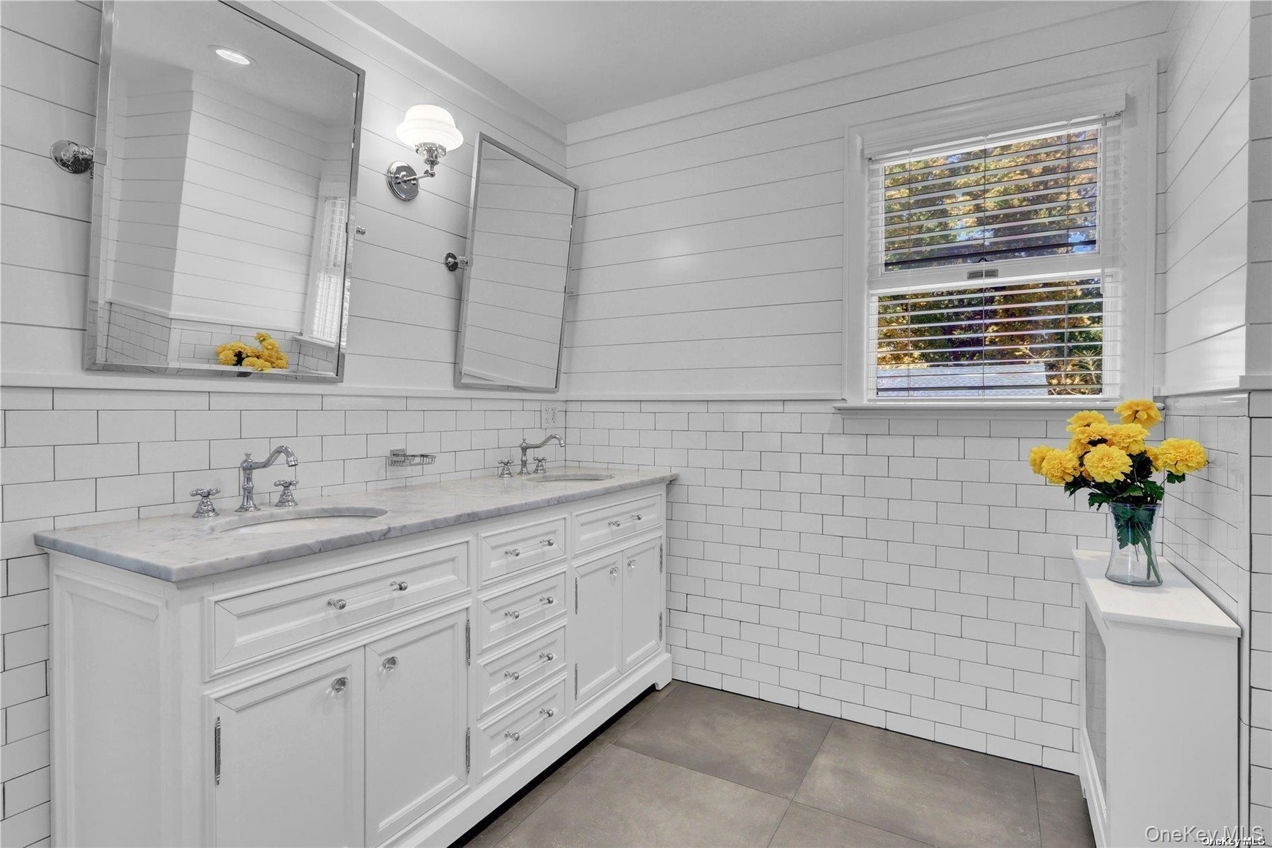 Upstairs Brand new bath with double white vanity, mirrors, farmhouse
