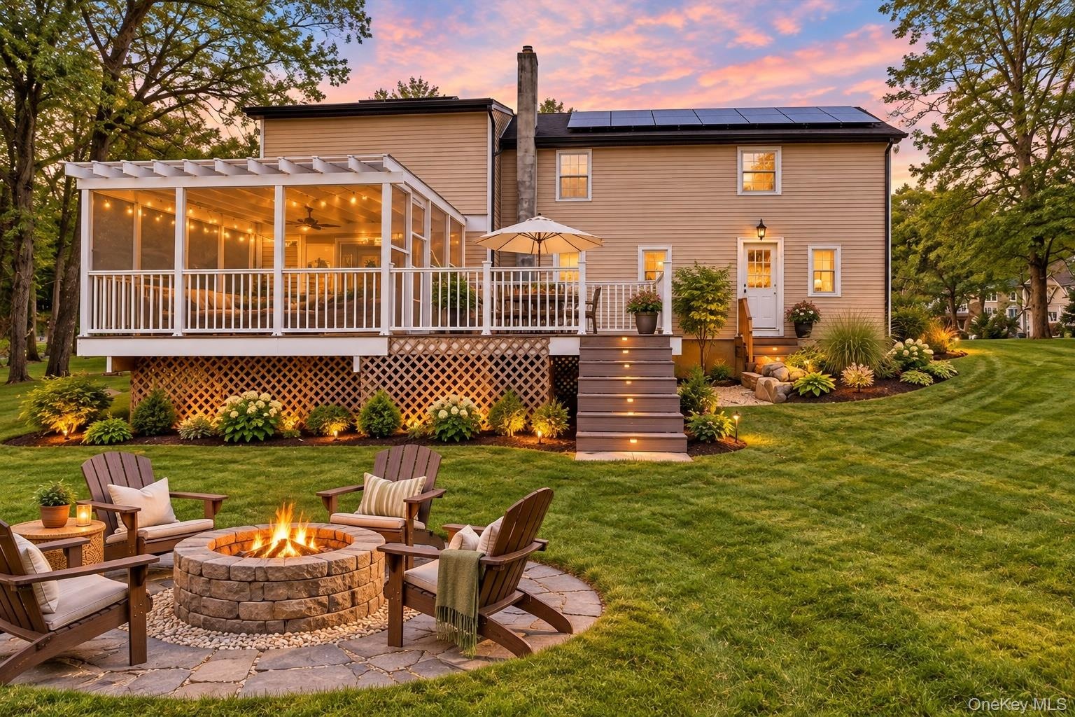 Virtually stage Twilight Backyard Retreat with Fire Pit