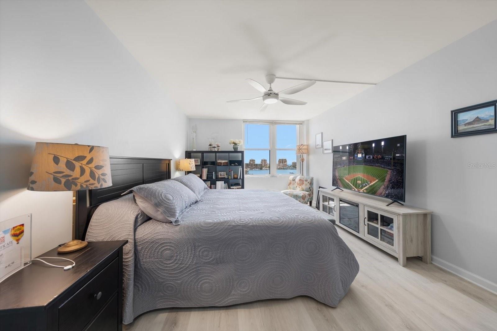 Primary bedroom offers fantastic water views.