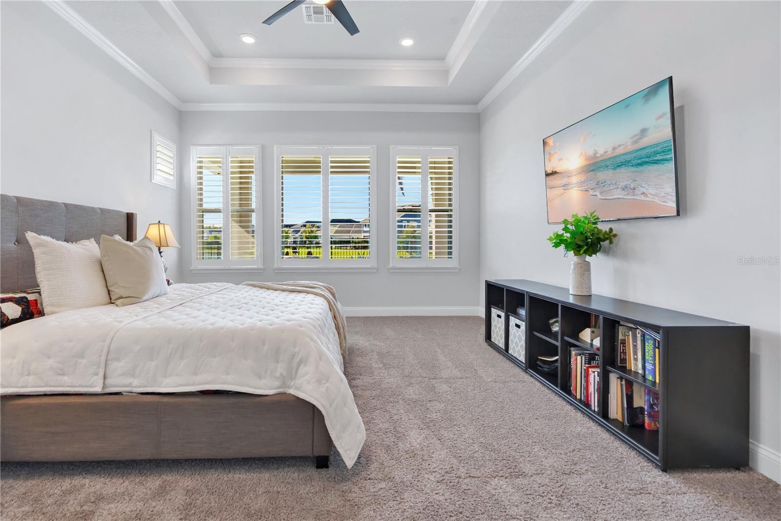 Primary bedroom with tray ceiling, ceiling fan, and plantation shutters.