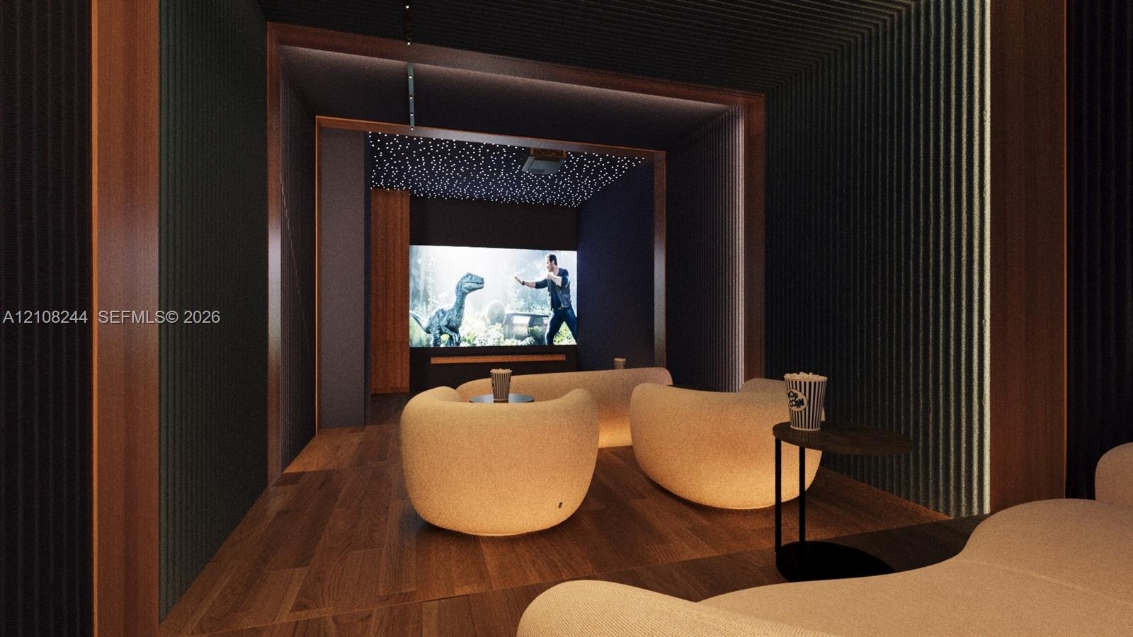 Dedicated media room featuring wood-finish flooring, vertical slat wall paneling, a recessed screen area, and a ceiling with integrated point-light fi