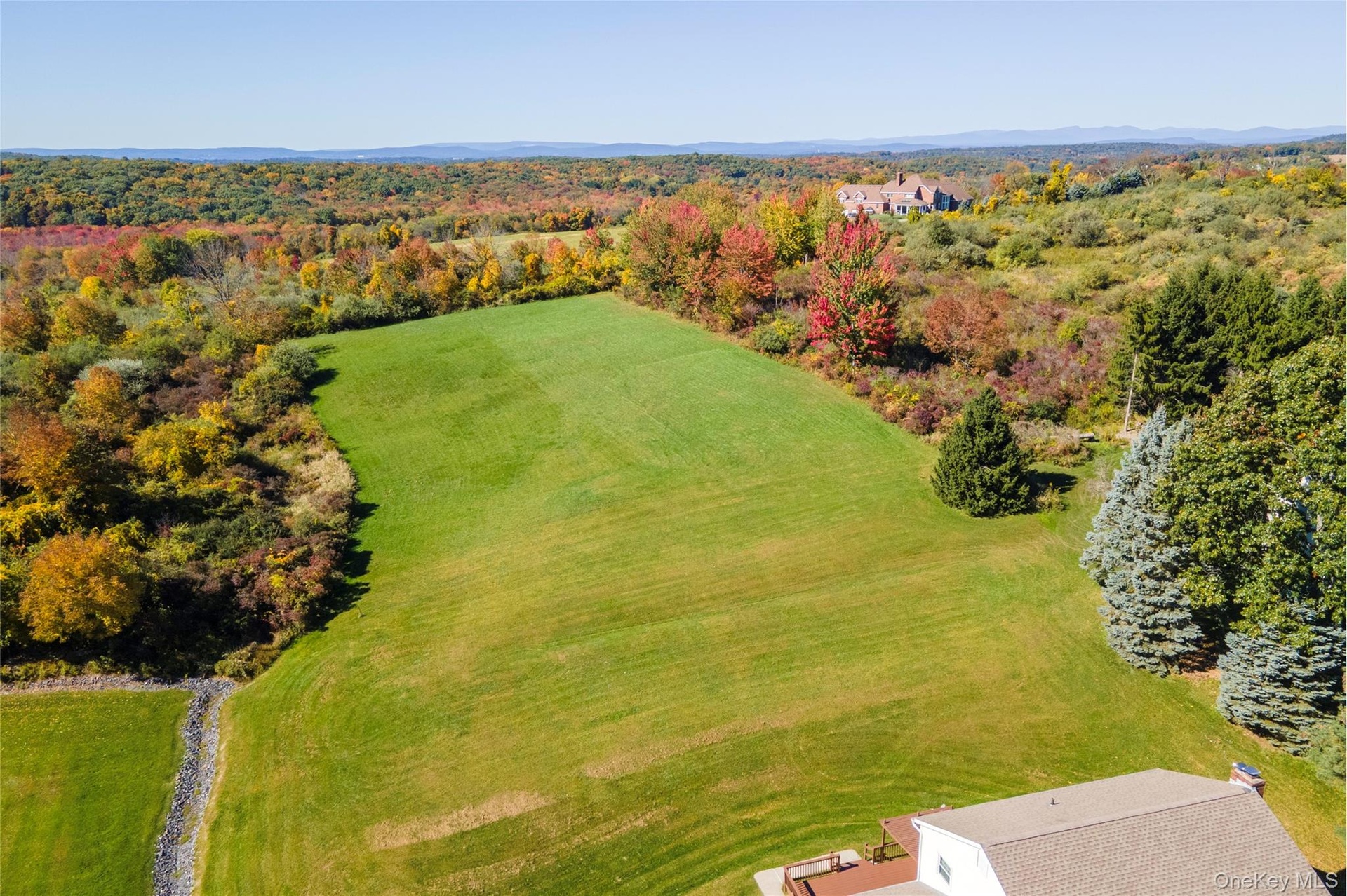 Aerial view of back yard - the property line is in the middle of the lawn where the mow pattern changes