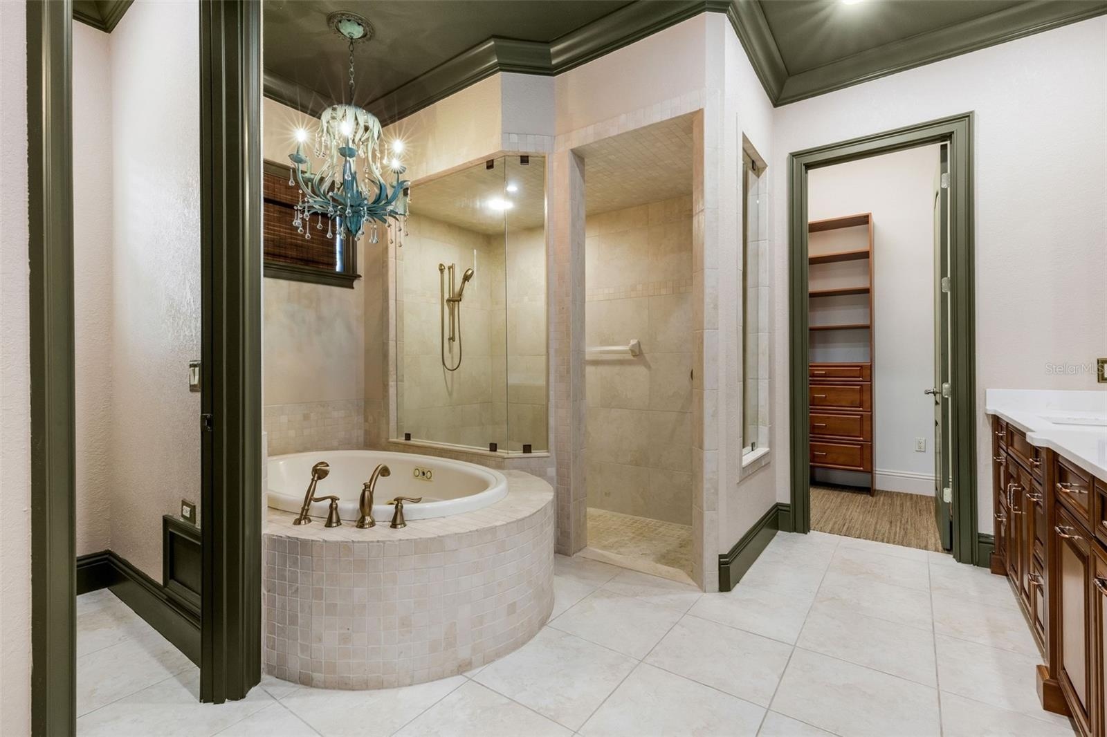The deep jetted tub and fully tiled walk-in shower.