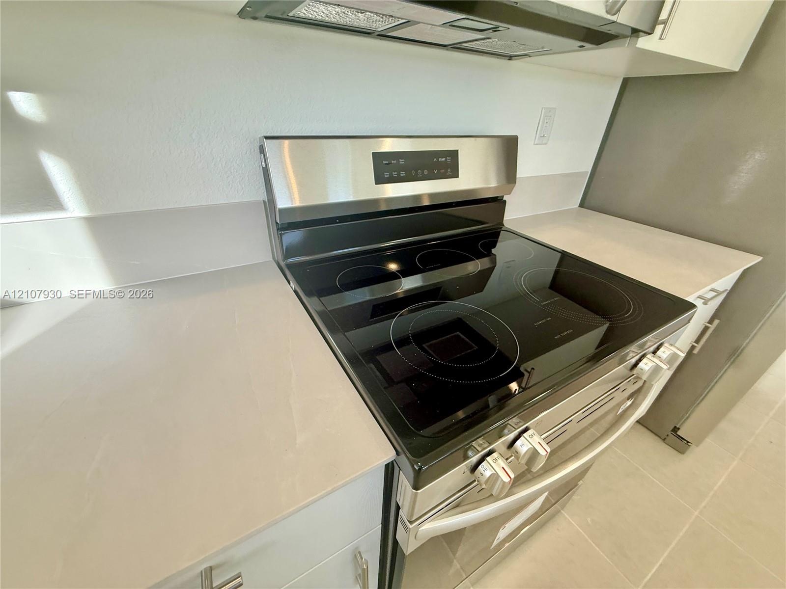 Stainless steel electric range with a smooth cooktop, neutral solid-surface countertops, and sleek flat-panel cabinetry