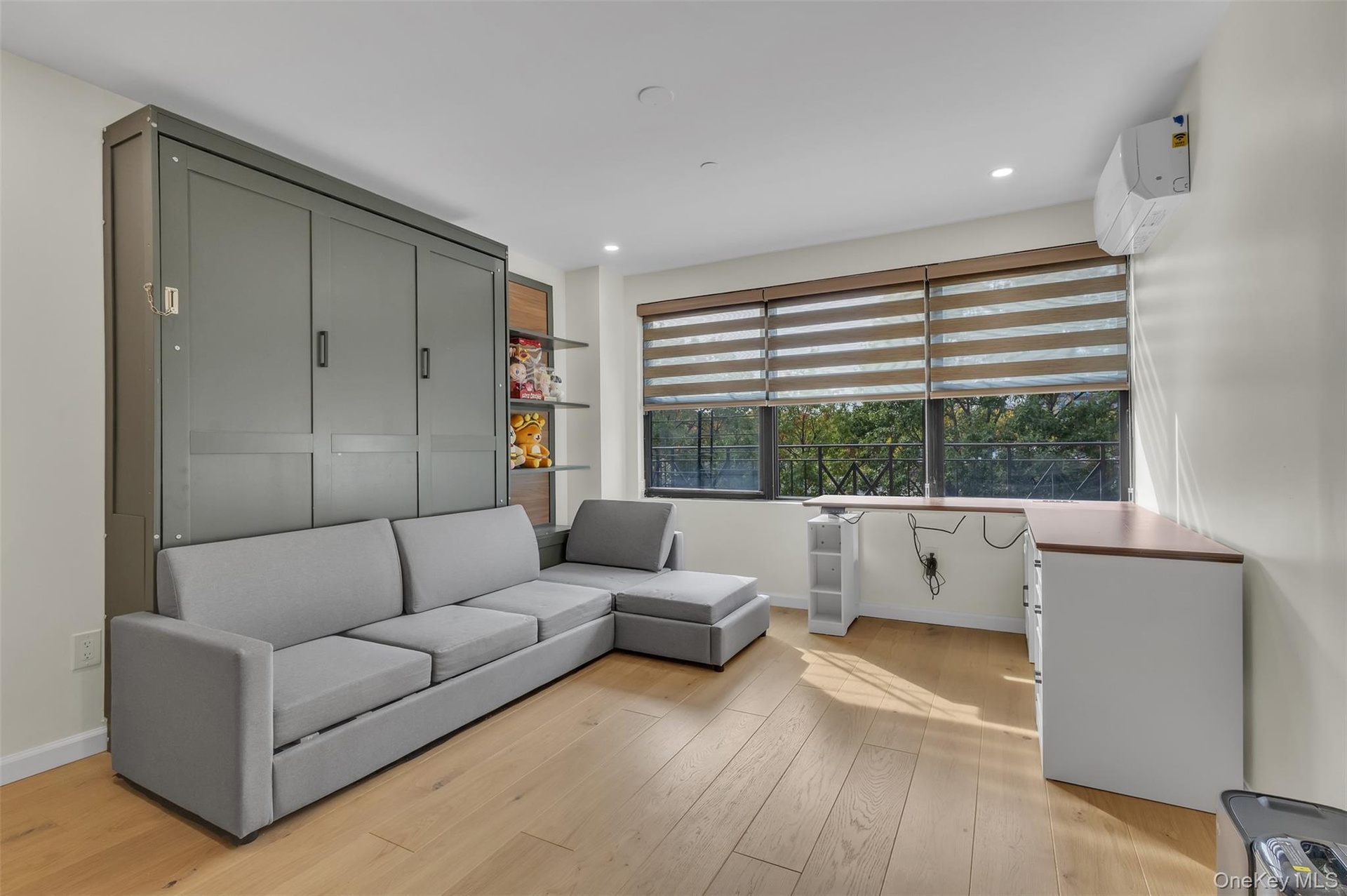 Built-in olive-toned cabinetry, wood-finish flooring, recessed lighting, and wall-mounted climate control unit