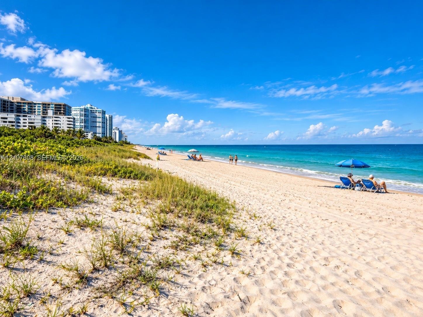 Direct oceanfront access featuring expansive sandy beach, coastal dunes with native vegetation, and panoramic sea scenery