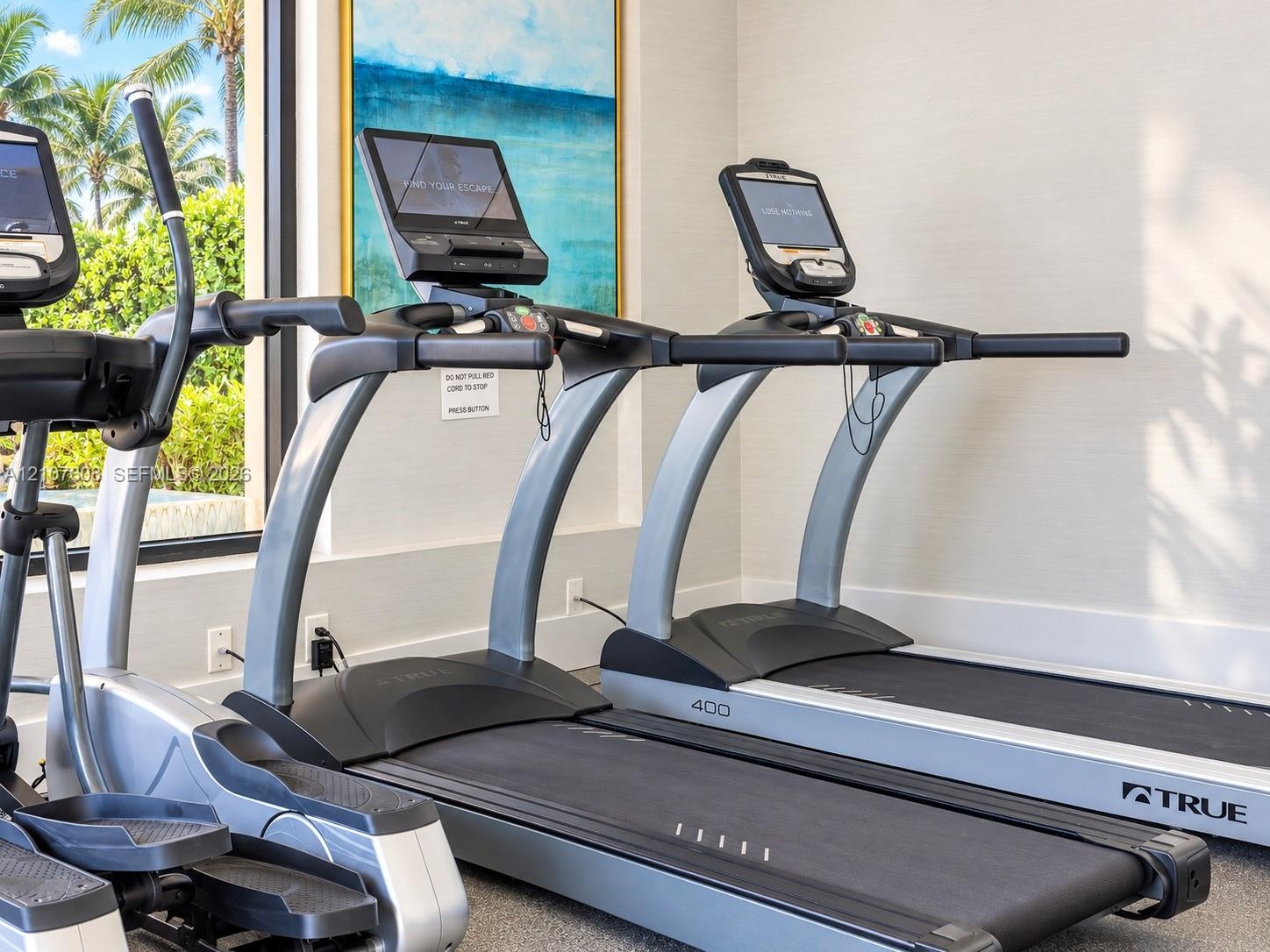 Fitness center featuring professional-grade treadmills and elliptical equipment with integrated touch-screen displays and large windows providing natu