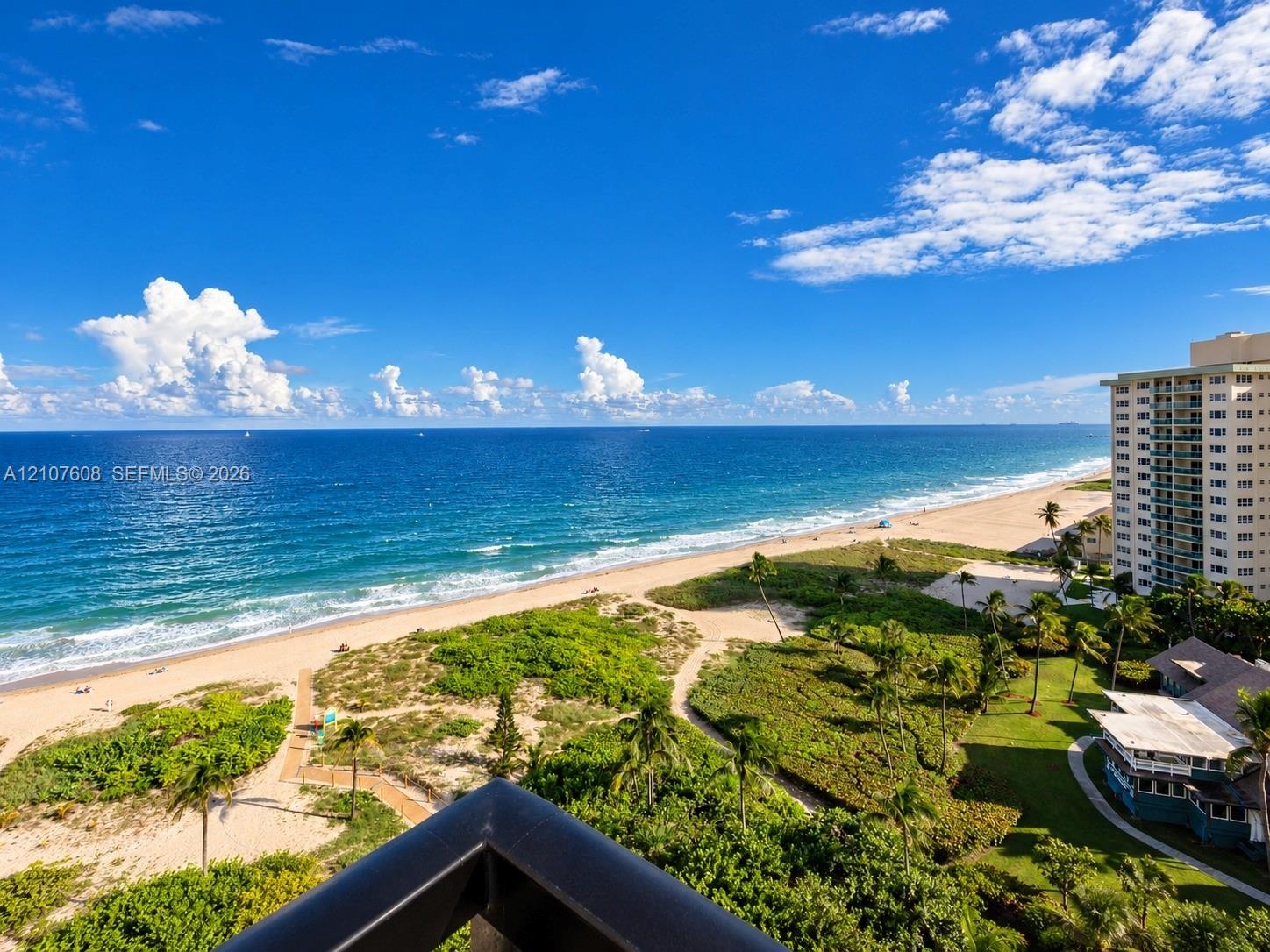 Private balcony featuring oceanfront positioning with expansive coastal scenery, sandy beach access, and native landscaping