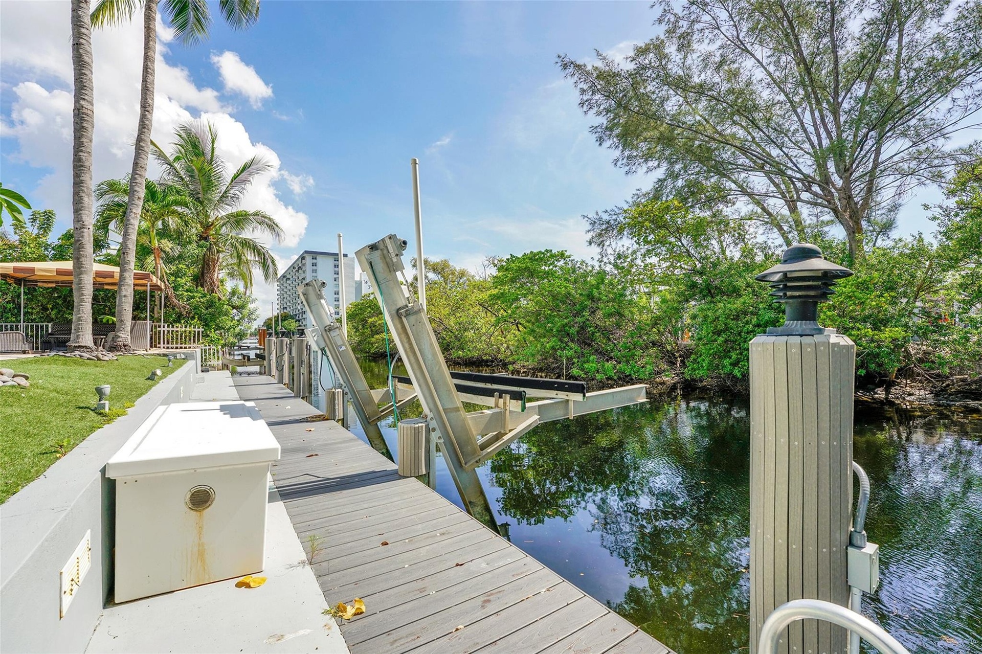 Waterfront dock with boat lift, integrated dock lighting, and lush surrounding foliage