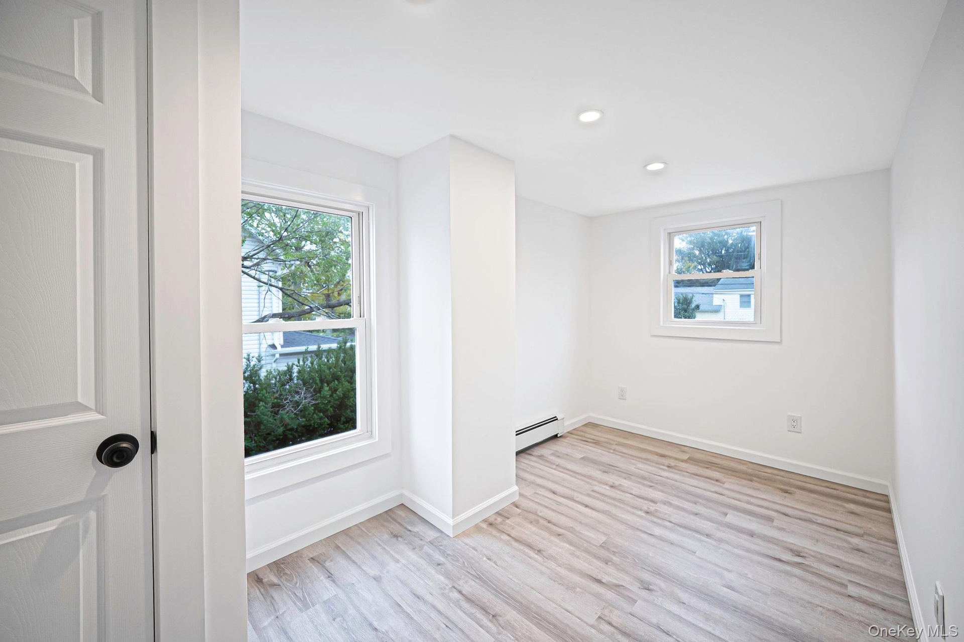 Interior space featuring vinyl wood-finish flooring, recessed lighting, dual windows with white casing, and a paneled interior door with matte black h
