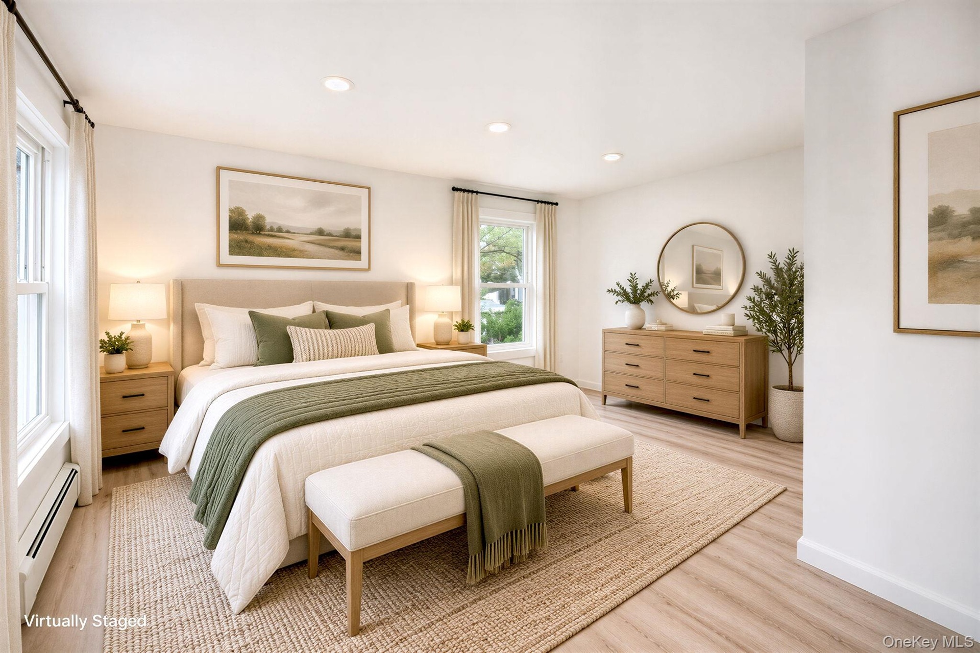 Light-filled room featuring vinyl wood-finish flooring, recessed lighting, and multiple windows *virtually staged