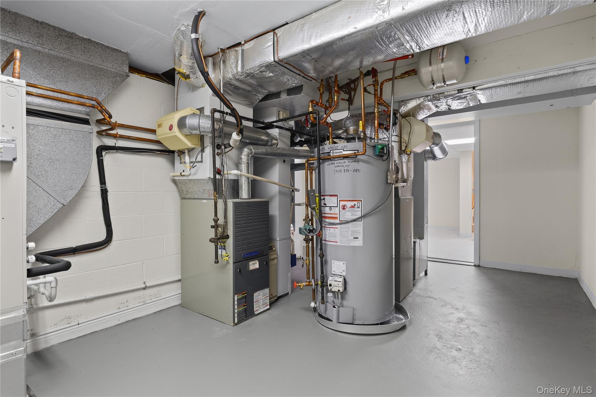 Mechanical room housing a forced-air furnace, industrial-grade water heater, metal ductwork, and exposed copper piping on concrete flooring