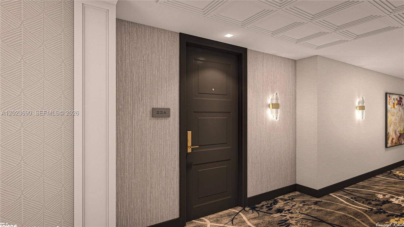 Unit 11M entrance with new wallpaper, carpet, ligthing and more