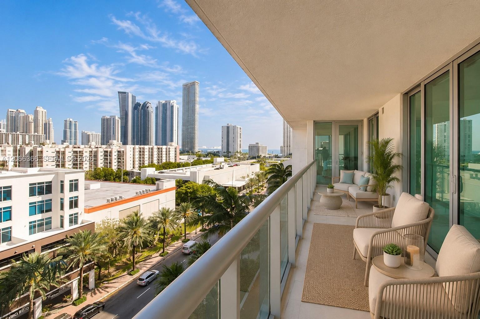 Covered outdoor balcony with a glass panel railing and panoramic city skyline backdrop
