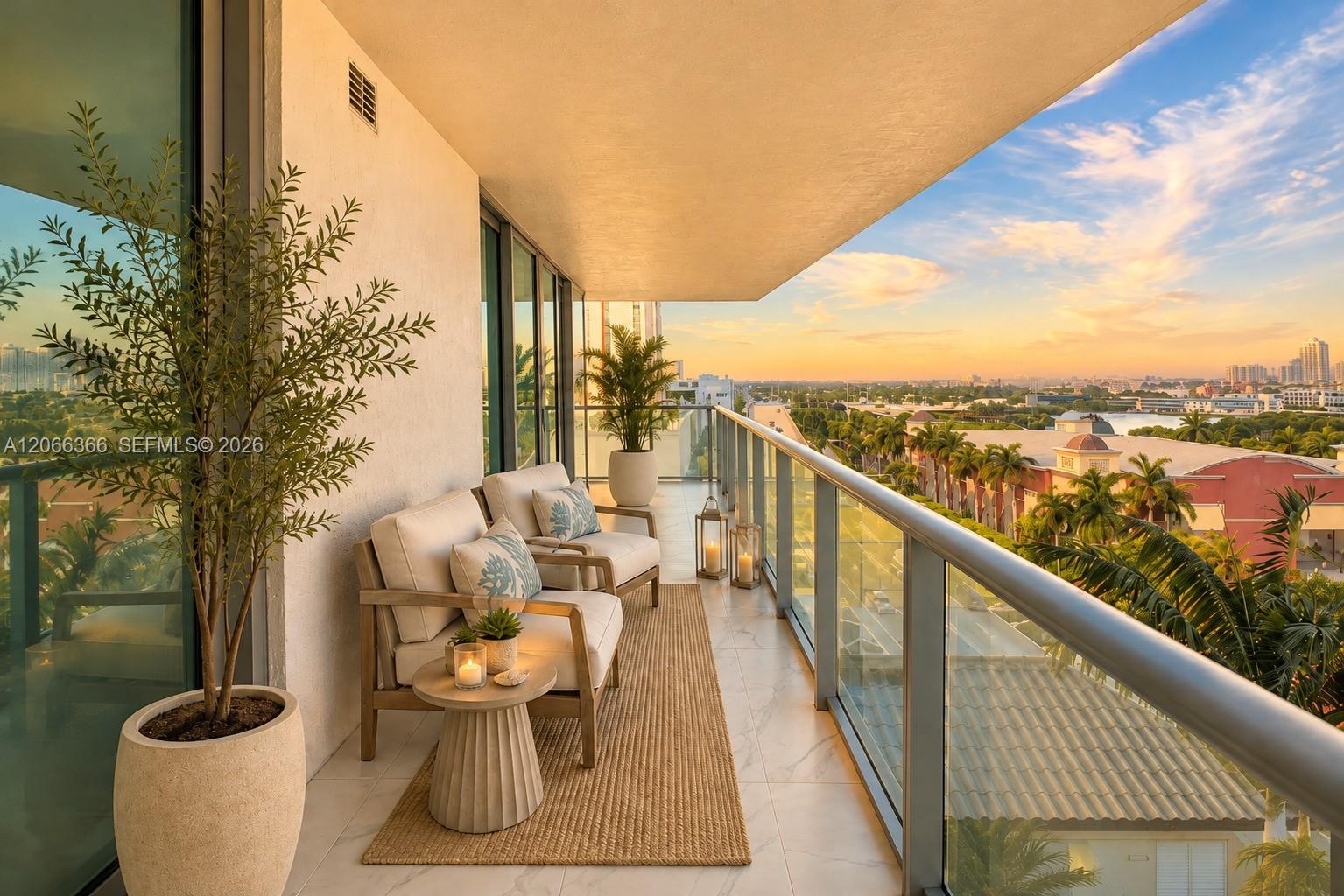 Covered balcony featuring tile flooring, full-height glass sliding doors, and a metal railing with a glass panel insert