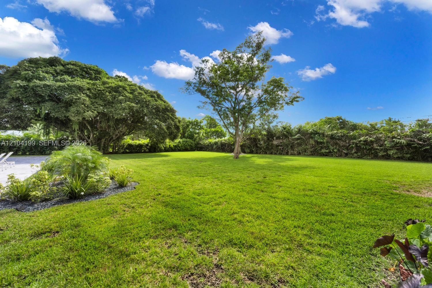 Expansive backyard featuring a manicured lawn, mature trees, and dense perimeter foliage