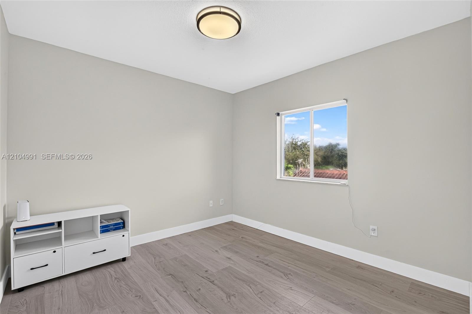Neutral-toned interior featuring wood-finish flooring, a flush-mount ceiling light fixture, and a single-hung window