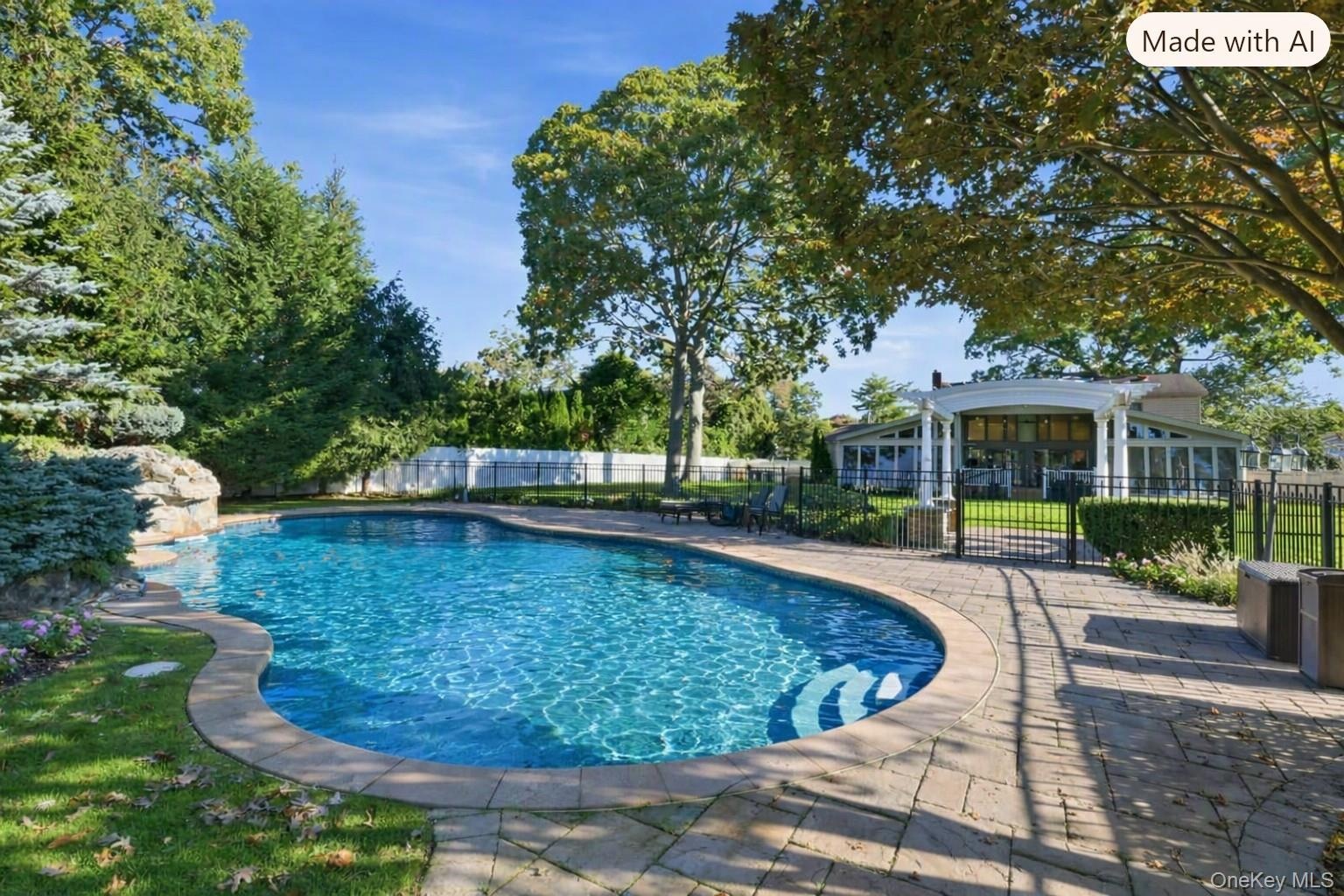 In-ground pool with stone coping, stone-paver pool deck, wrought iron fencing, and white architectural pergola (covered pool uncovered with ai)