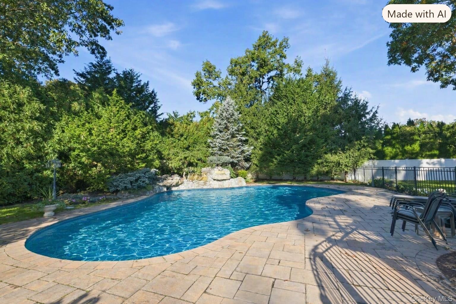 Free-form swimming pool featuring a rock waterfall feature and expansive stone paver decking, surrounded by mature trees and perimeter fencing (covere