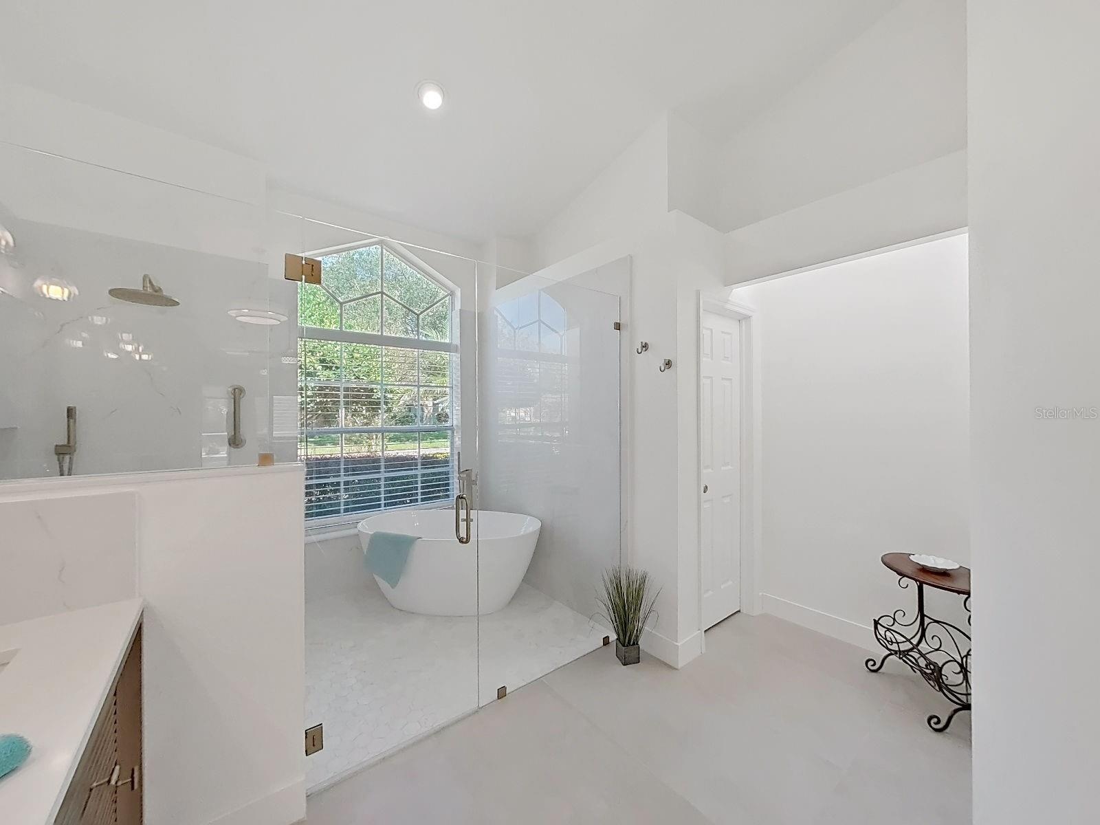 new wet-room bath, soaker tub, shower