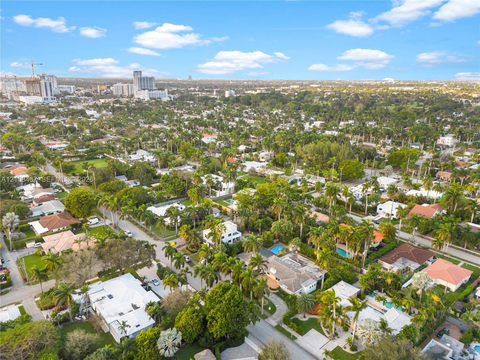 Aerial perspective of a tropical residential community featuring dense canopy trees, manicured lawns, paved street infrastructure, and proximity to an