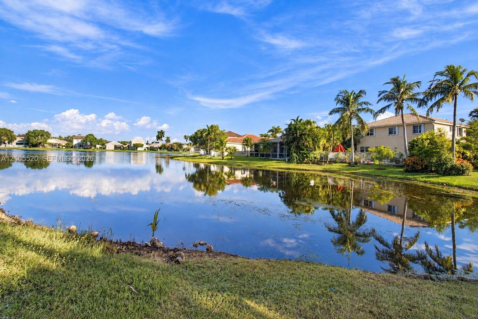 Waterfront property featuring a manicured lawn, mature palm trees, and a lake