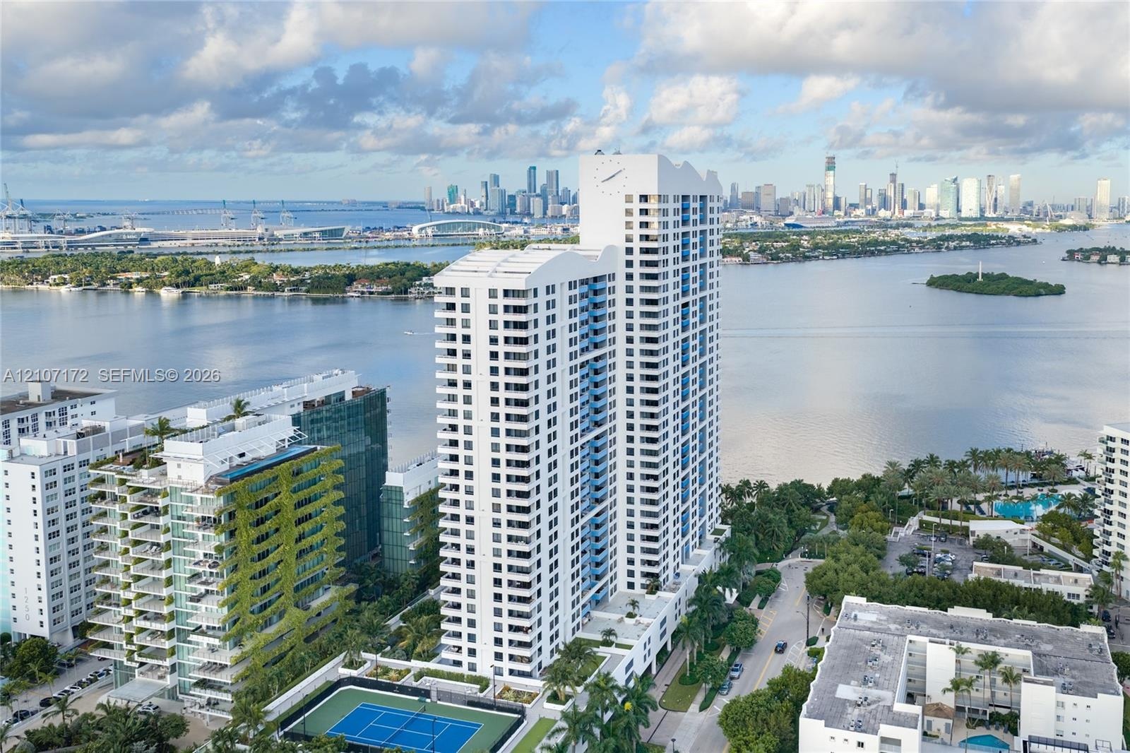 Panoramic water expanse featuring a skyline backdrop and coastal island silhouettes