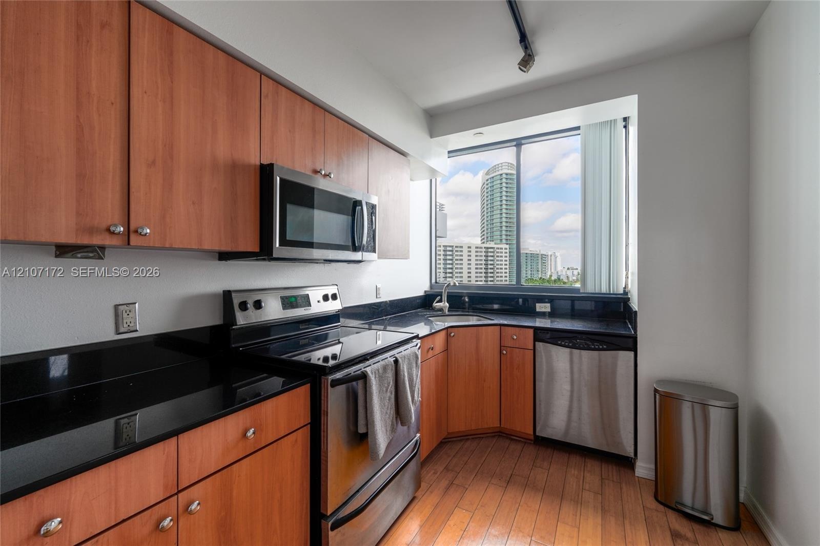 Kitchen featuring wood-finish cabinetry, dark stone-surface countertops, stainless steel appliances, wood-finish flooring, and a large window