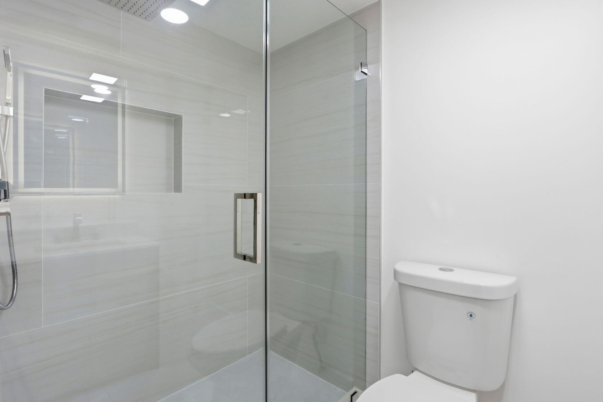 Glass-enclosed shower with a recessed niche, rain shower head, and an attached handheld shower fixture