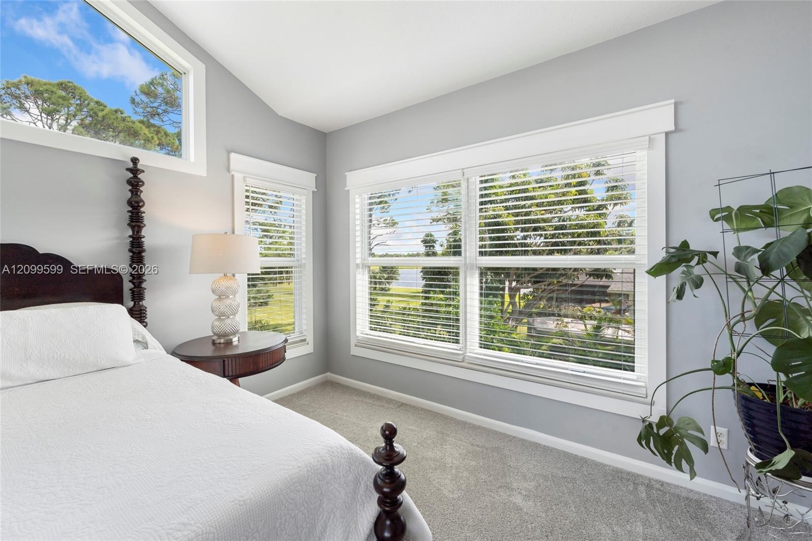 Vaulted ceiling, neutral wall tones, carpeted flooring, and oversized windows with white trim