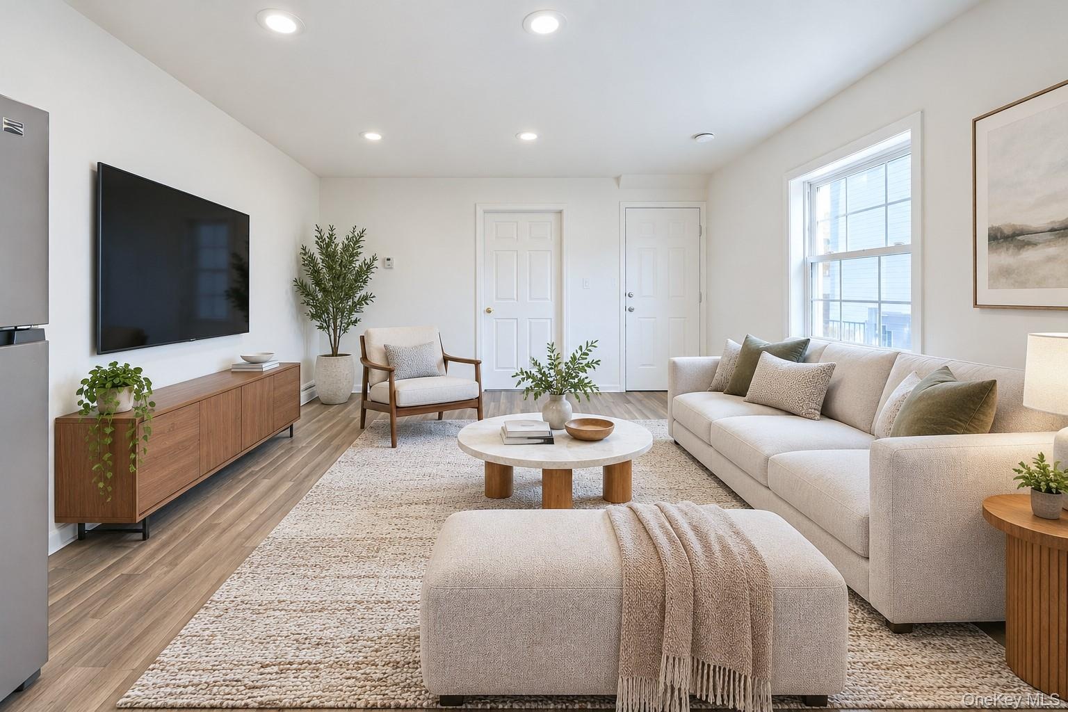 Living area featuring wood-finish flooring, recessed lighting, and a multi-pane window