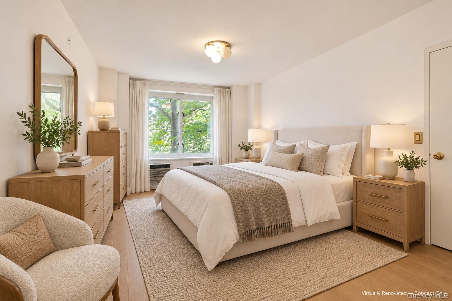 Neutral interior featuring light-tone wood-finish flooring, multi-globe flush-mount lighting, and an expansive window with natural exterior scenery