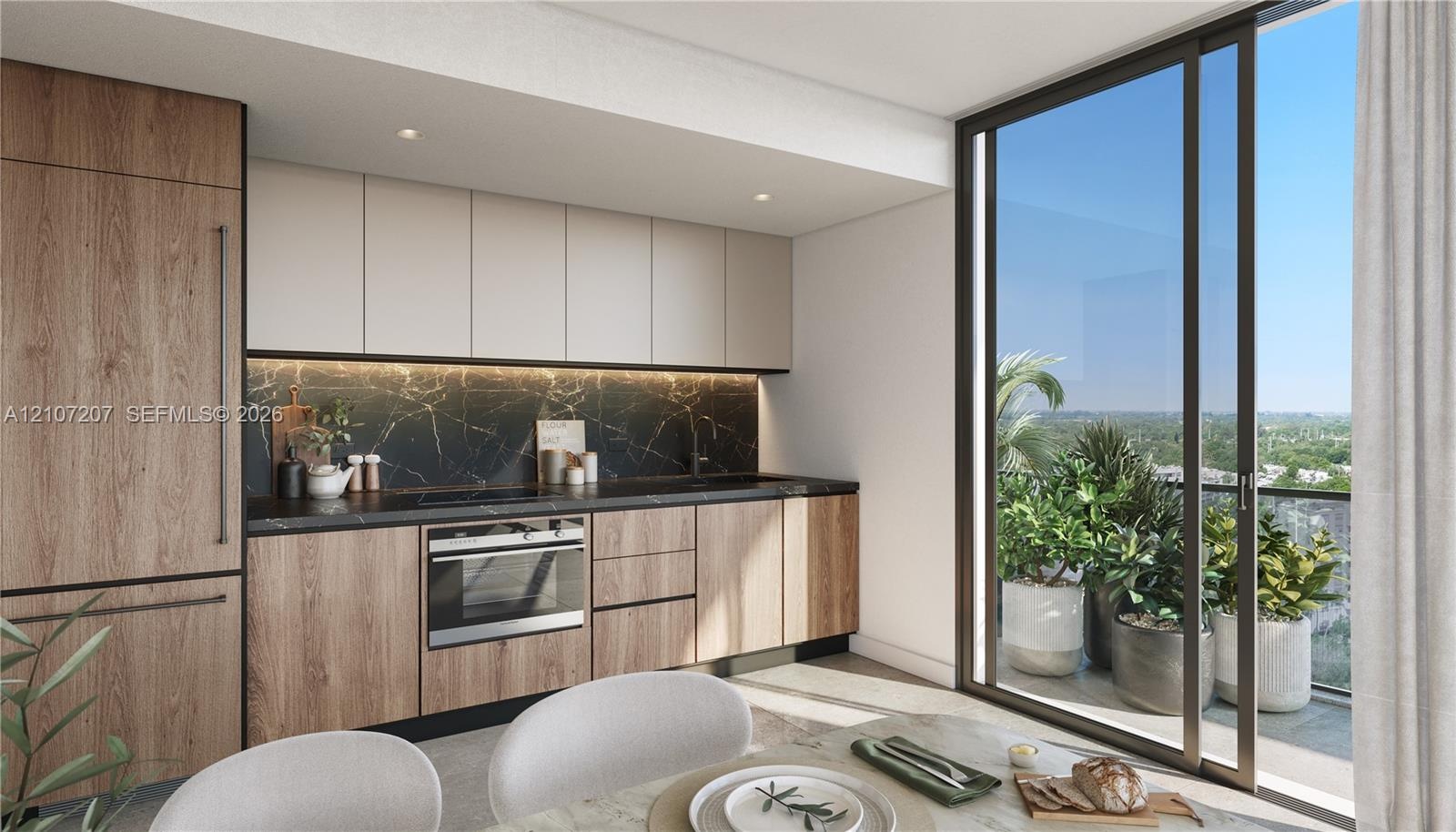 Modern kitchen featuring custom flat-panel wood-finish cabinetry, dark stone-patterned backsplash, built-in panel-ready refrigerator, integrated wall 