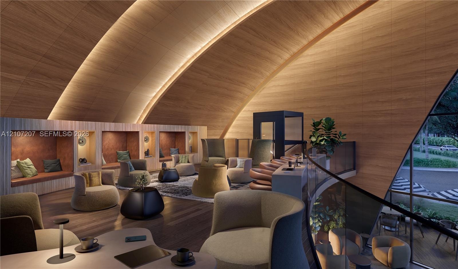 Curved wood-paneled ceiling, integrated recessed accent lighting, built-in recessed wall niches, dark wood-finish flooring, and expansive floor-to-cei