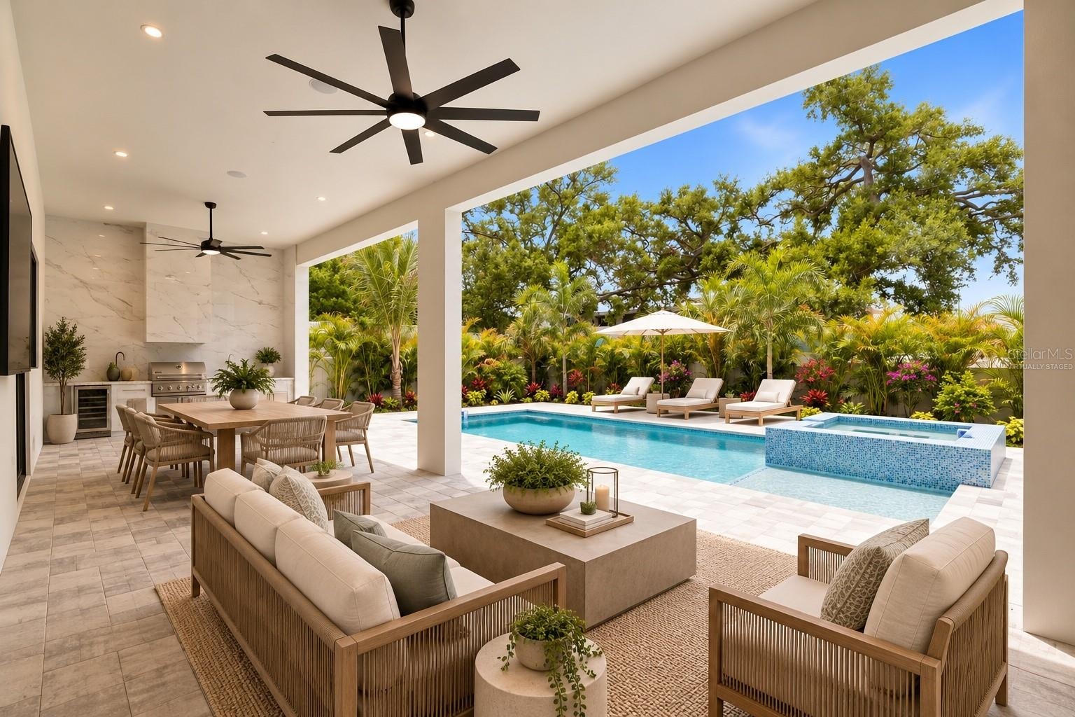 Virtually staged exterior pool area