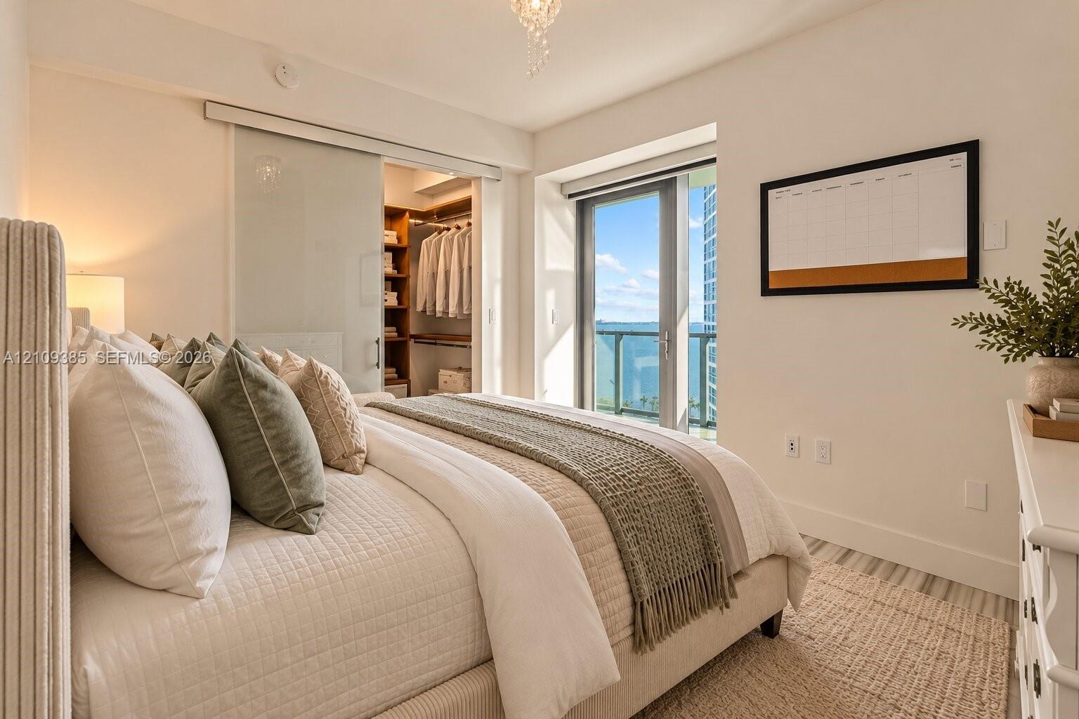Glass sliding closet door, walk-in wardrobe with built-in shelving, floor-to-ceiling glass door, and balcony with exterior railing