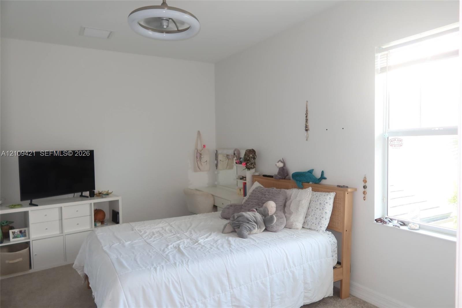 Neutral-toned interior room featuring wall-to-wall carpeting, an energy-efficient LED circular ceiling light fixture, and a large window providing nat