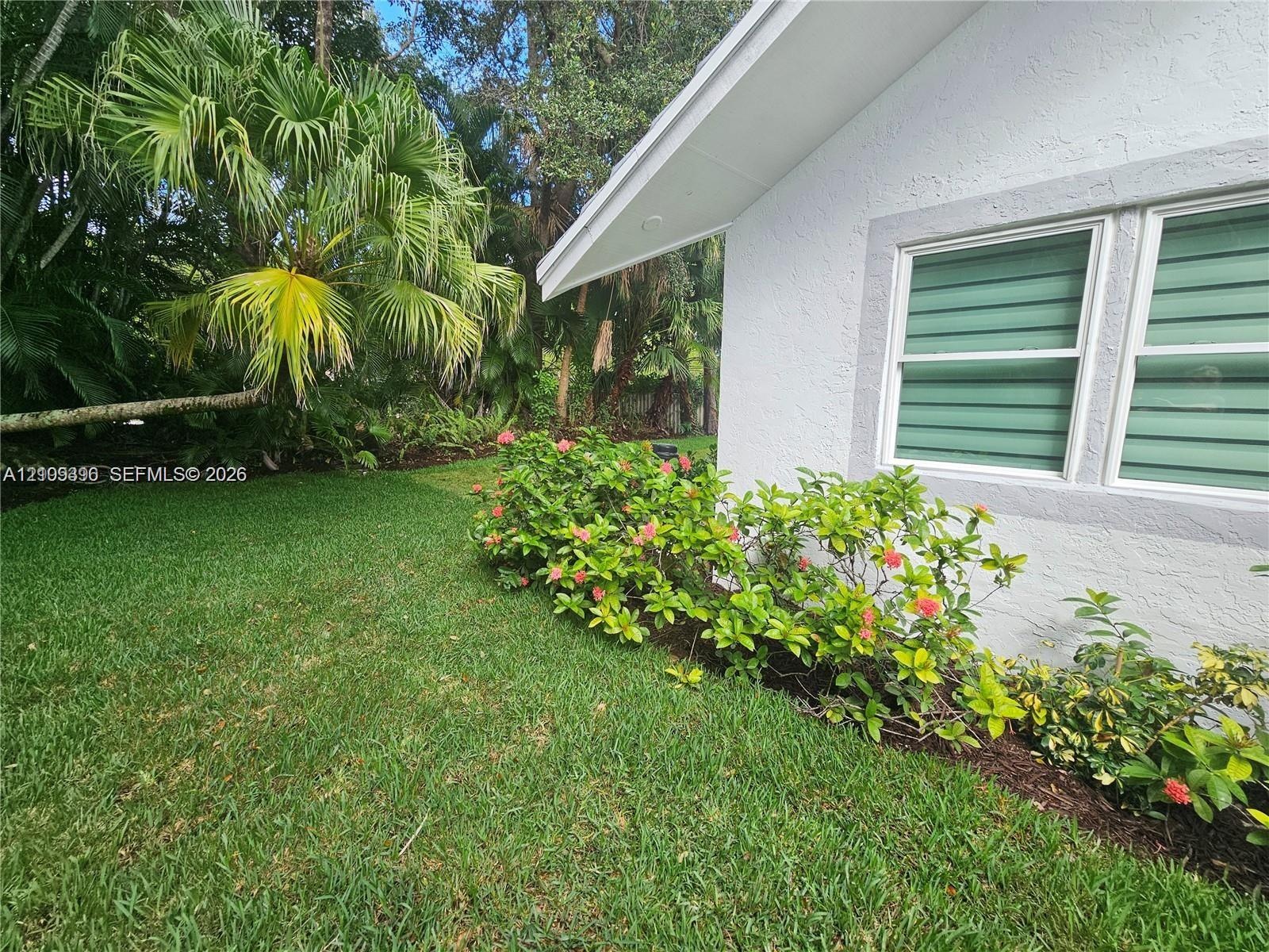 Stucco exterior featuring horizontal louvered windows, manicured lawn, established shrubbery, and mature palm trees