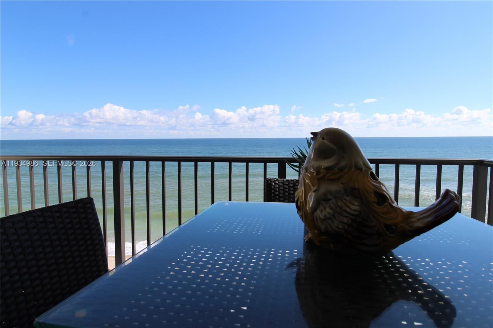 Private balcony featuring a metal railing and ocean backdrop