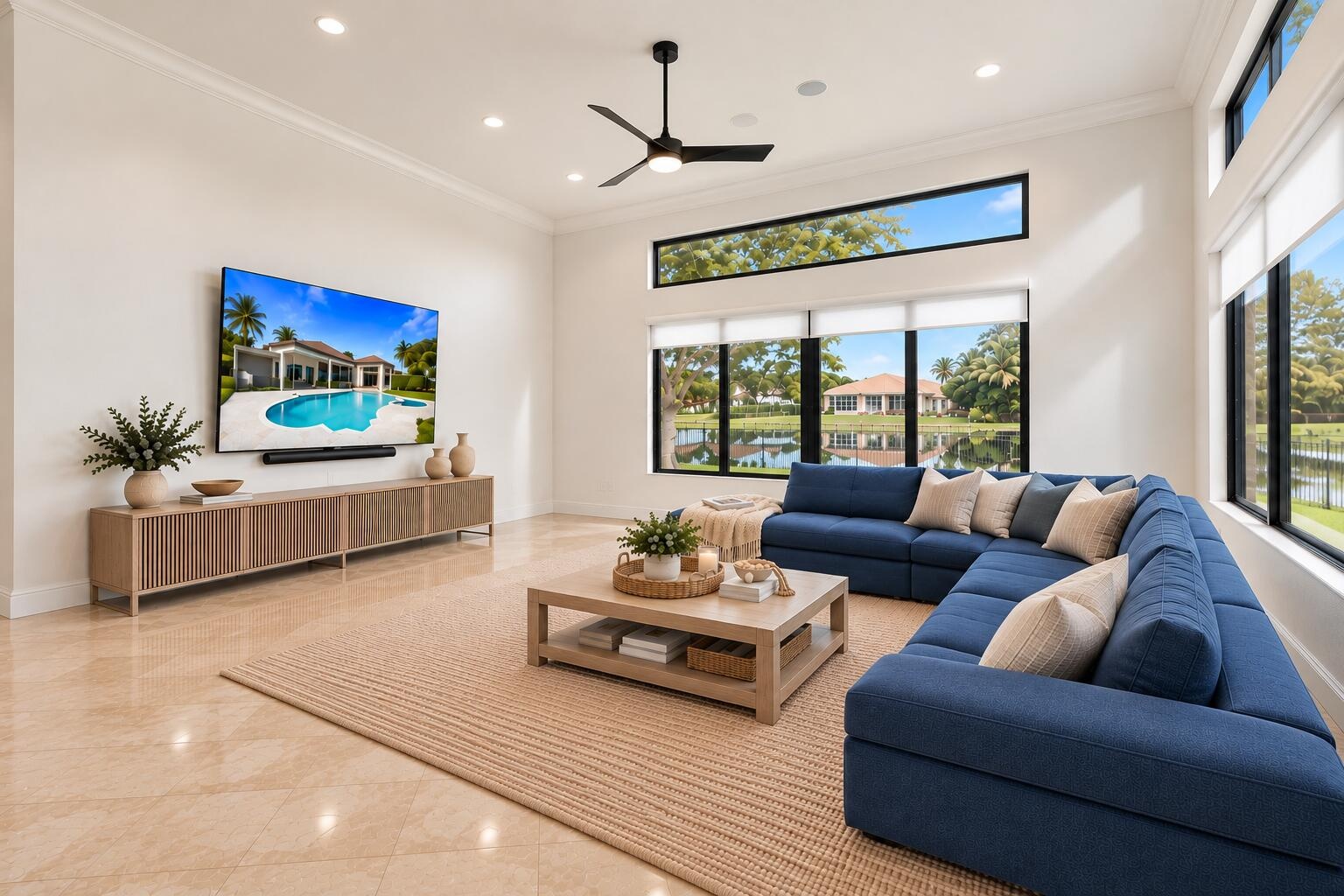 Large family room overlooks lake and pool!
