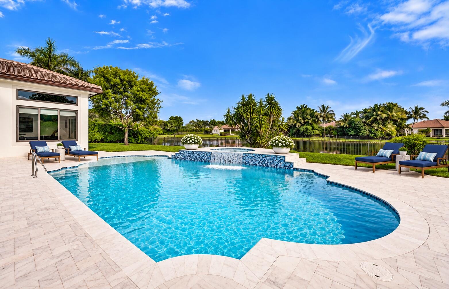 Sparkling new pool with sunshelf and umbrella for extra shade