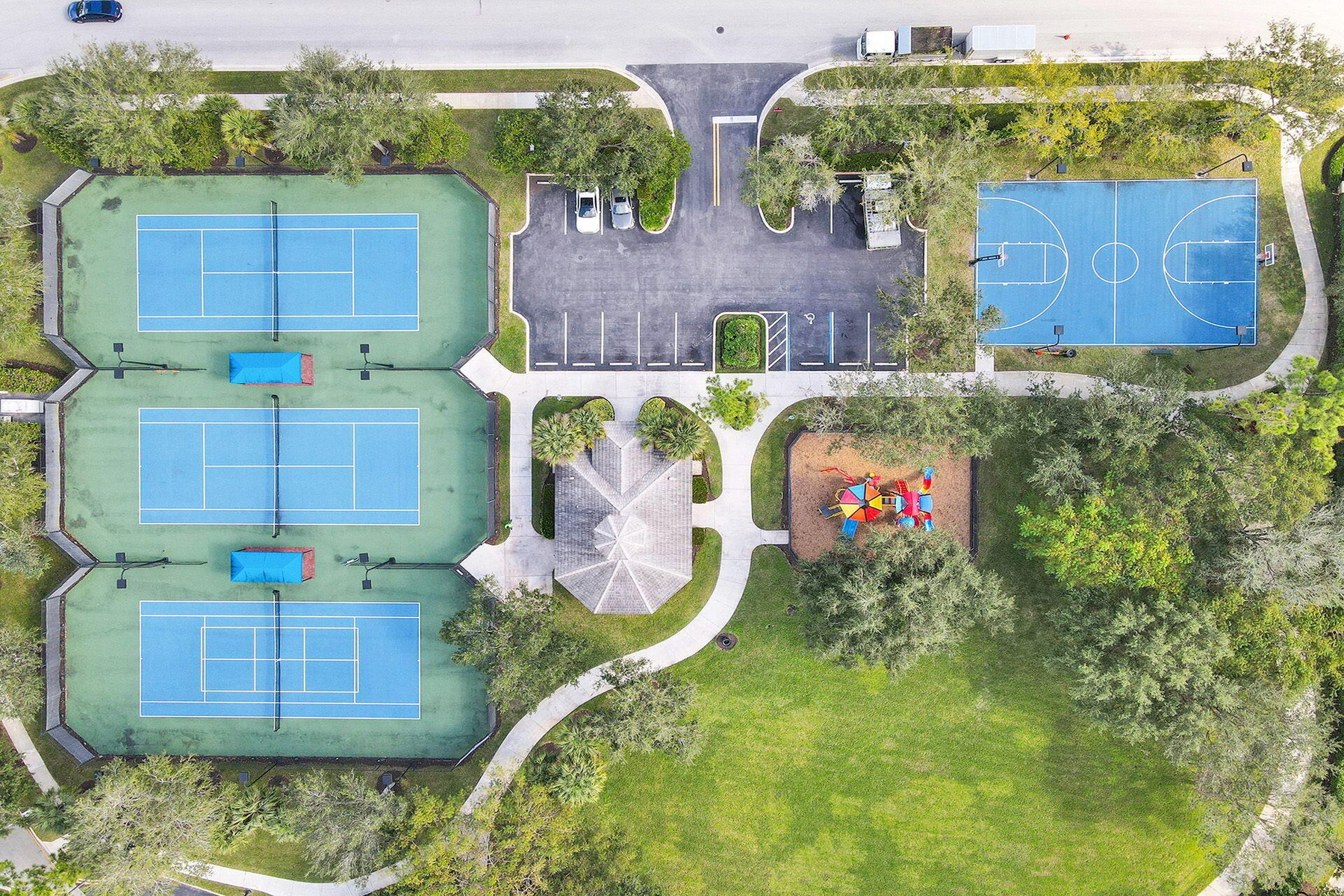 Check out Riverstone amenities: Tennis/pickelball/basketball/pavilion, playground and walking paths