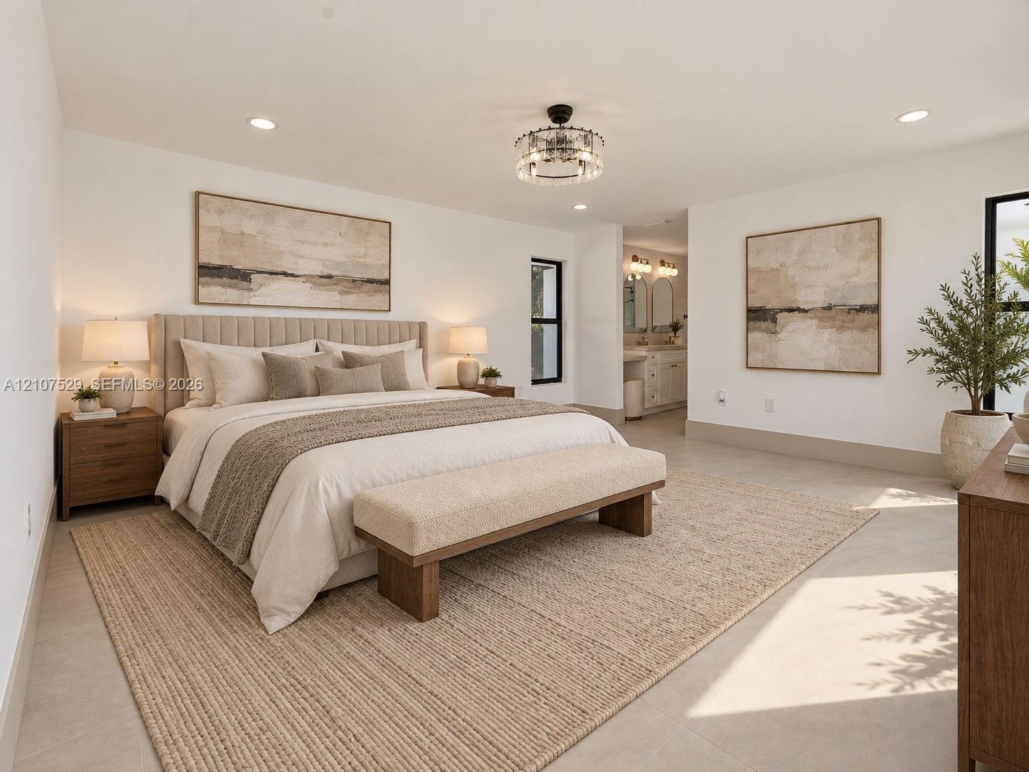 Vaulted ceilings, expansive floor-to-ceiling glass windows, recessed lighting, matte black linear fireplace, and modern multi-tiered brass chandelier