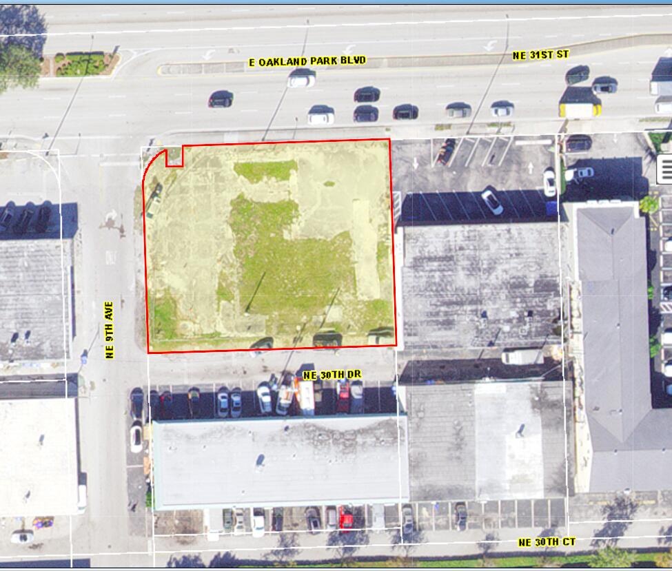 Broward County location map identifying the 18,499 SF development site at E Oakland Park Blvd and NE 9th Ave.