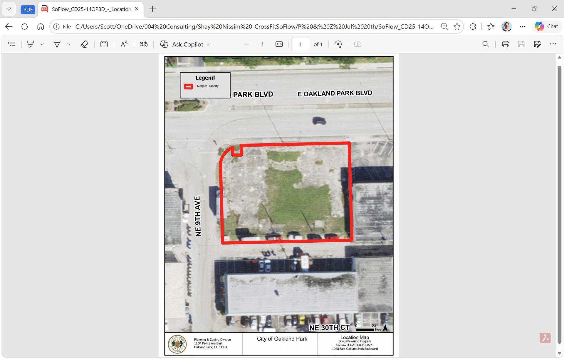 Aerial parcel view illustrating the site's configuration and frontage along E Oakland Park Blvd and NE 9th Ave.