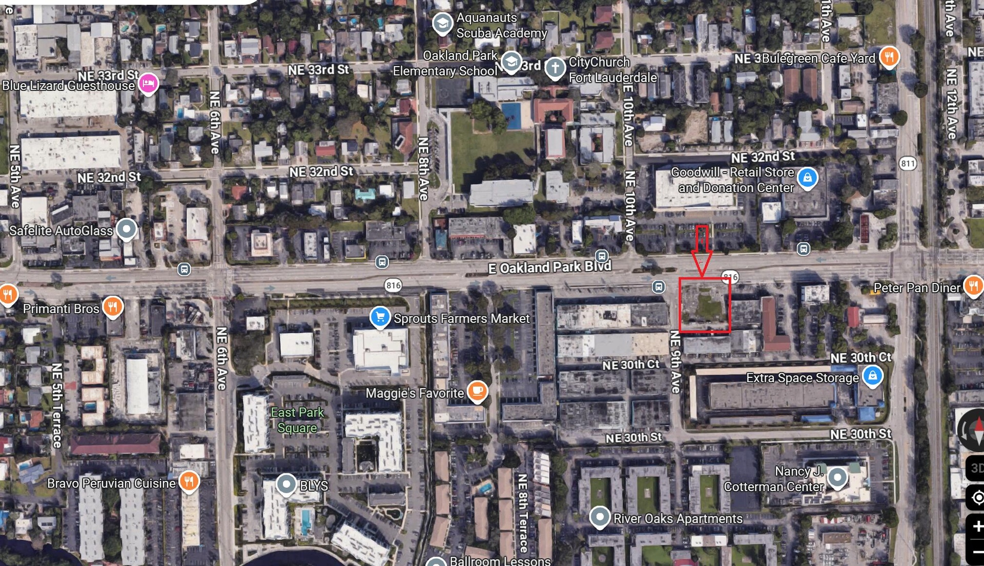 Aerial view highlighting the subject property along E Oakland Park Blvd, west of Dixie Hwy.