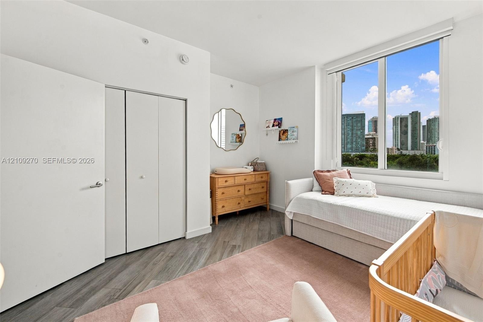 Floor-to-ceiling window with urban skyline backdrop, wood-finish flooring, and multi-panel reach-in closet with integrated door hardware
