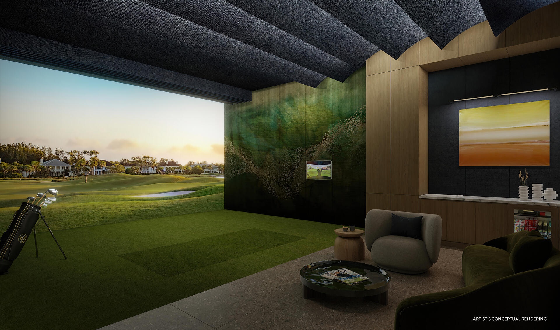Unlock the epitome of upscale living at Casamar's residents lounge, where gaming tables and a golf simulator await – just a glimpse into the extraordi