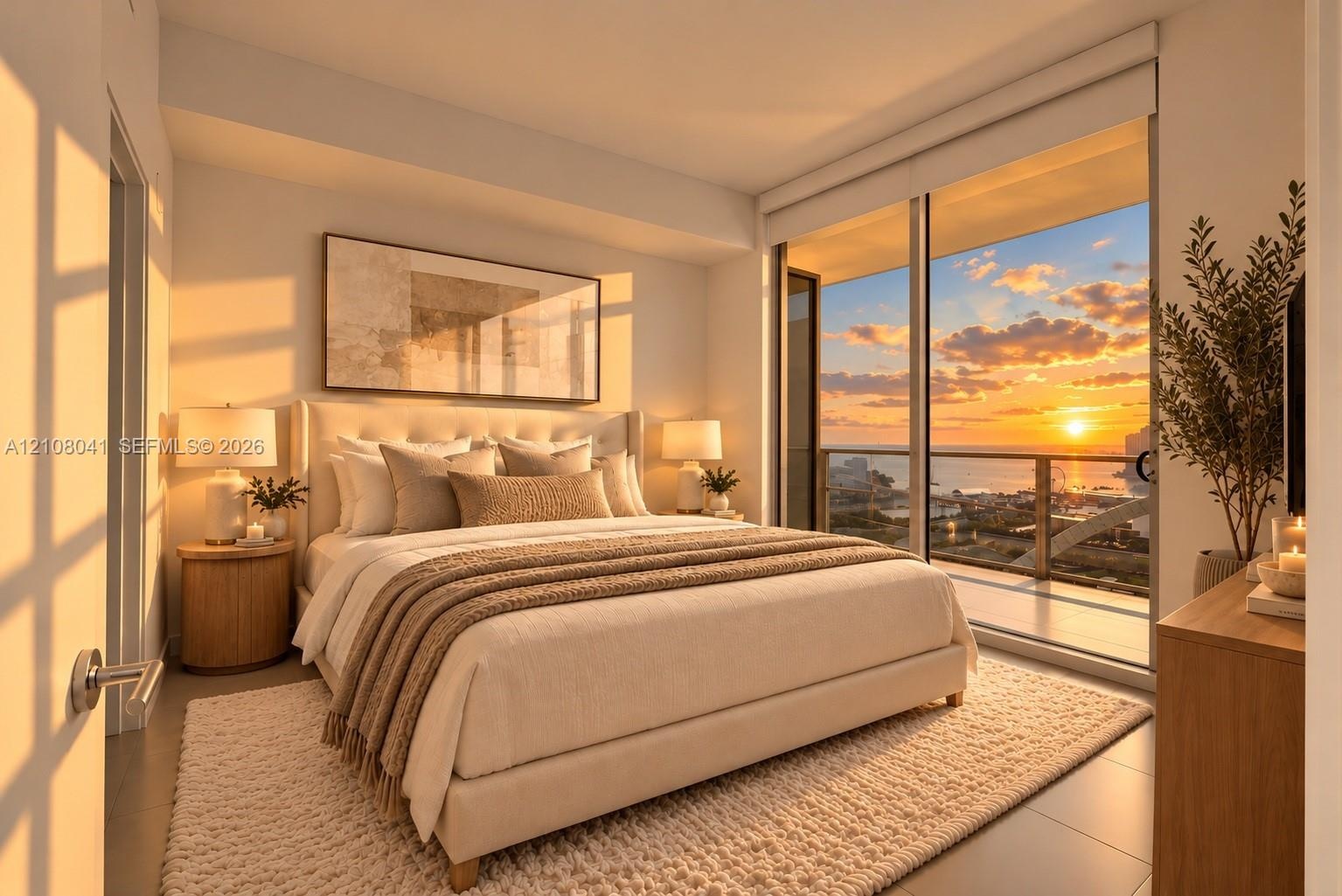 Full-height glass sliding doors, a recessed ceiling, a wood-finish nightstand, and a matching wood-finish dresser