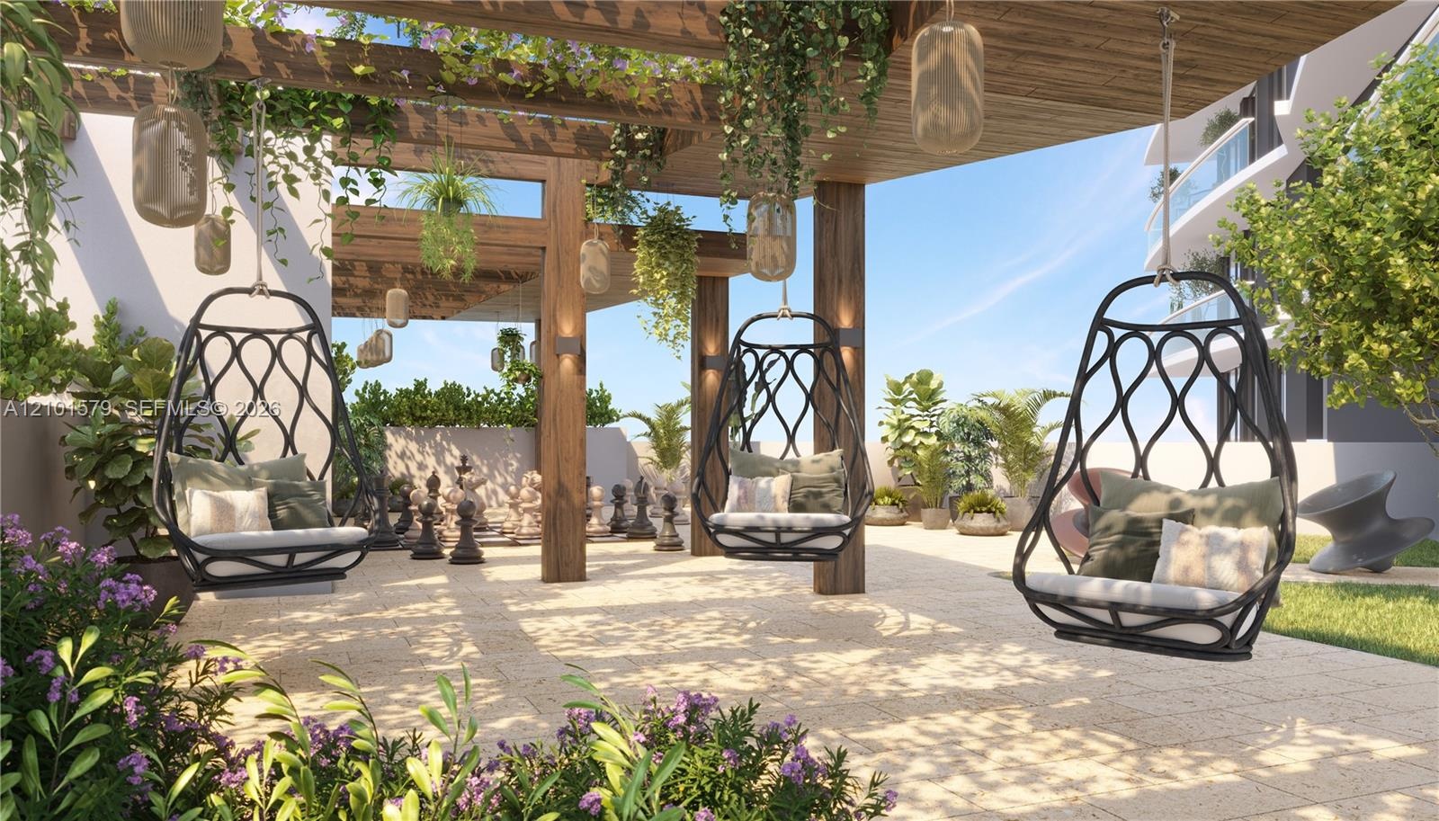 Outdoor terrace featuring a wooden pergola, stone paver flooring, perimeter landscaping, and integrated wall lighting